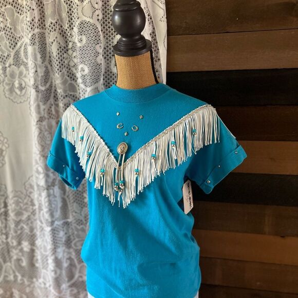 Vintage Western Hazelwoods Crew Blue & Silver Fringe Southwestern Aztec T-Shirt - Picture 3 of 8